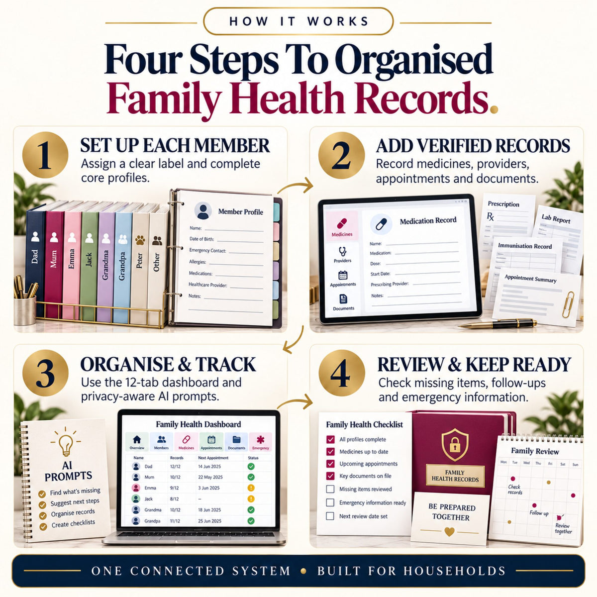How the family medical binder works: set up members, add verified records, organize, track and review