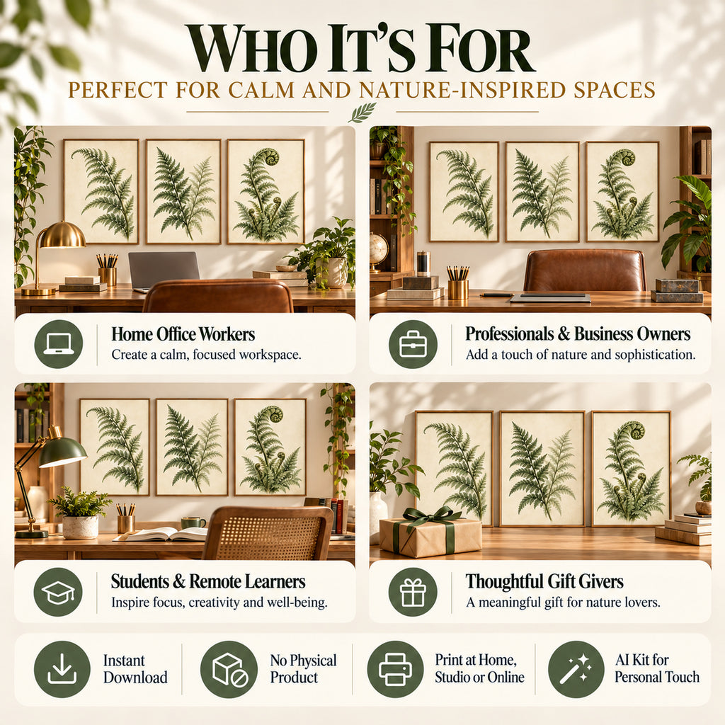 Fern Study Collection printable wall art shown in a plant-filled home office, 3 2:3 botanical artworks.