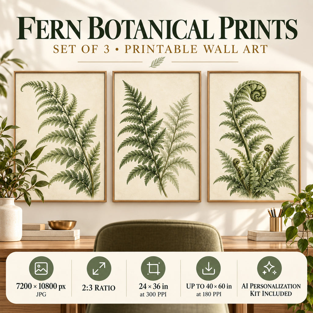 Fern Study Collection printable wall art displayed in an office, 3 2:3 artworks.