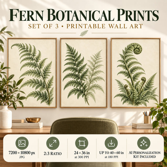 Fern Botanical Prints Set of 3 — Sage Office Wall Art + AI Personalization Kit | Printable Art Instant Download