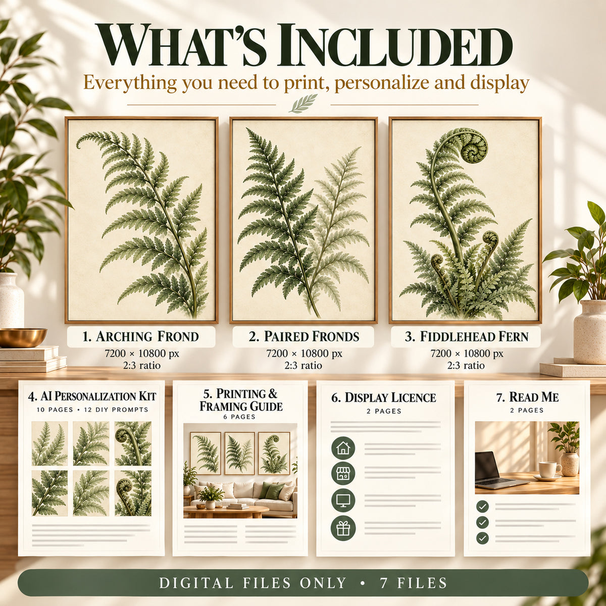 Fern Study Collection printable wall art artworks and supporting PDF guides, 3 2:3 artworks.