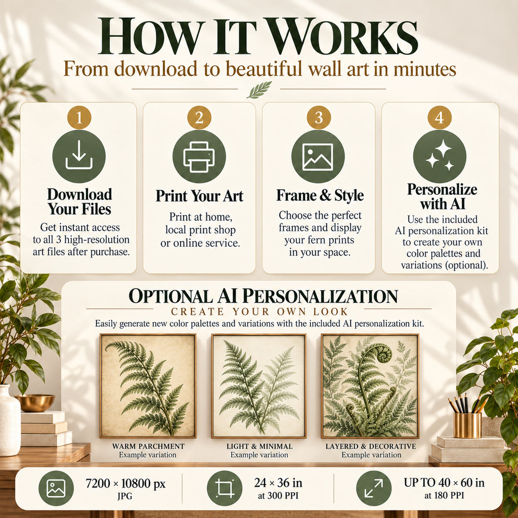 Fern Study Collection printable wall art download, print and optional AI personalisation process, 3 2:3 artworks.