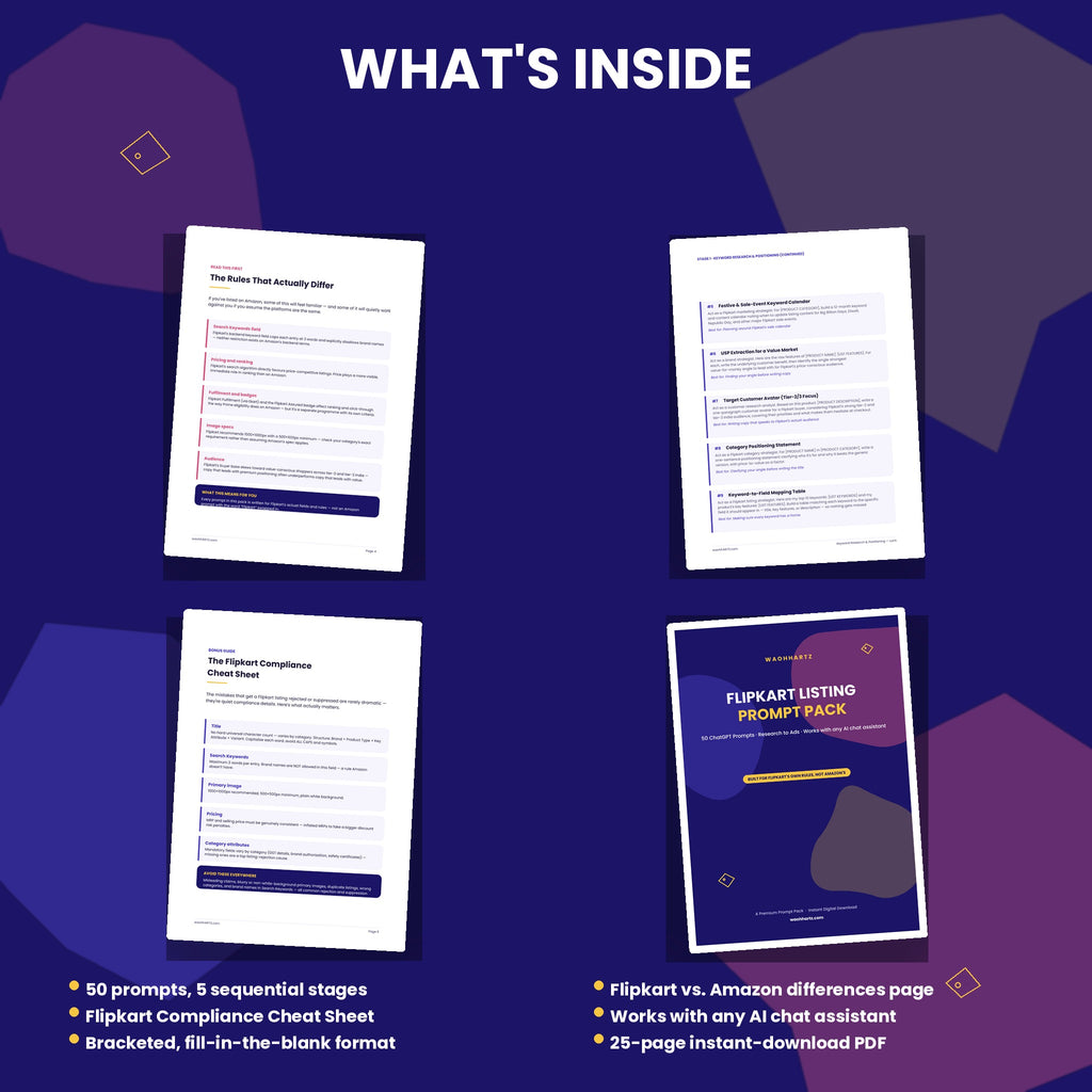 50 Flipkart Listing ChatGPT Prompts — Titles, Key Features, Search Keywords & Ads — Instant Download PDF