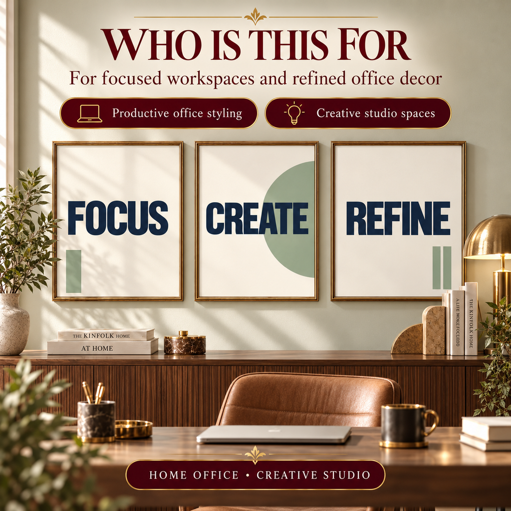 Focus Create Refine printable typography wall art shown in a refined home office and creative studio workspace.
