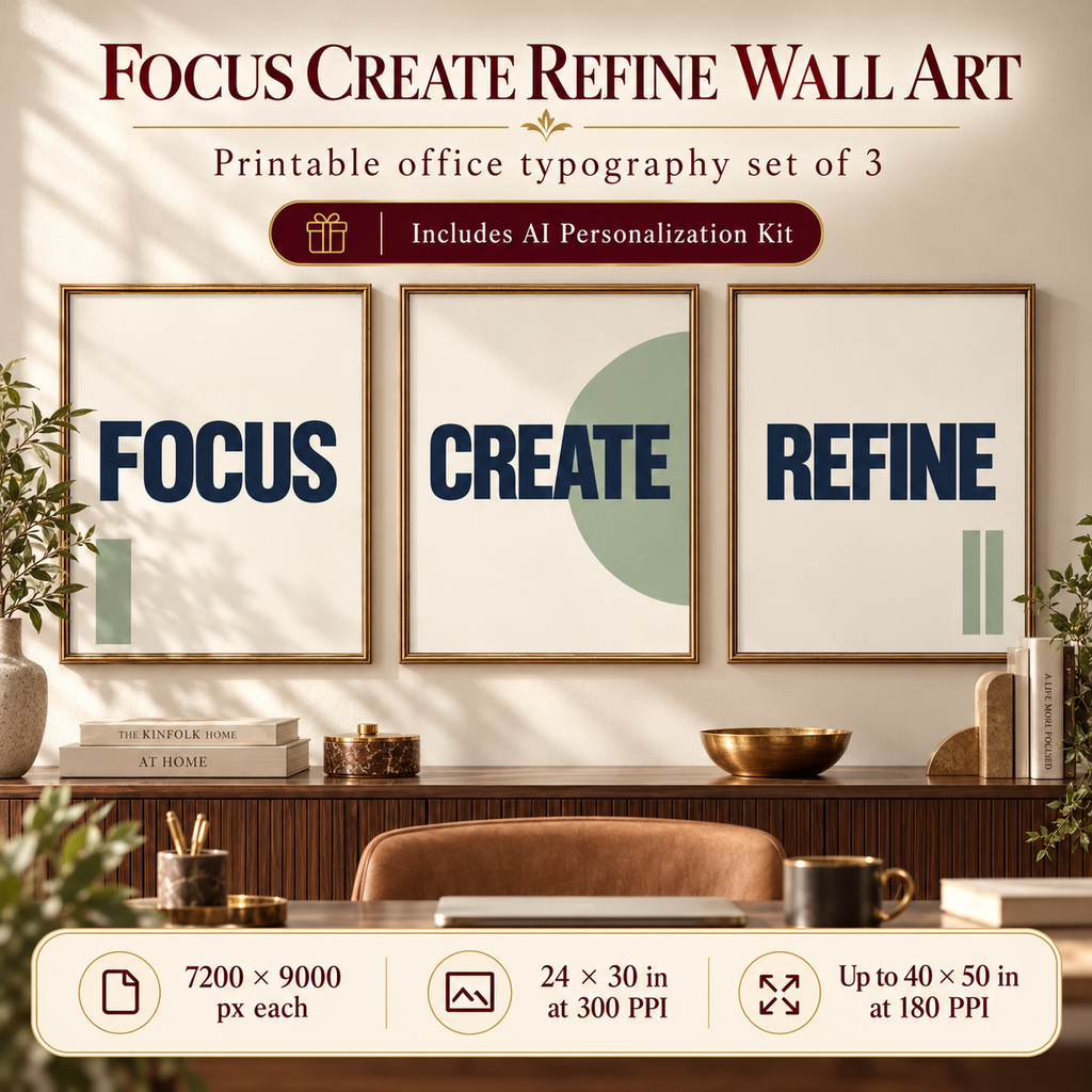 Focus Create Refine printable office wall art set of 3 displayed in a refined workspace, with 7200 by 9000 pixel artwork files, 24 by 30 inches at 300 PPI and up to 40 by 50 inches at 180 PPI.