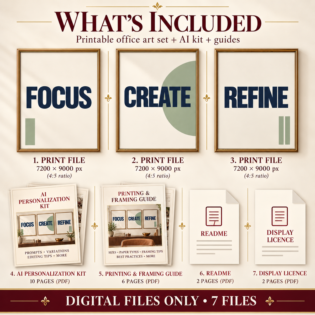 Focus Create Refine digital download contents with three 4 to 5 artwork masters, AI Personalization Kit, Printing and Framing Guide, Read Me and Display Licence.