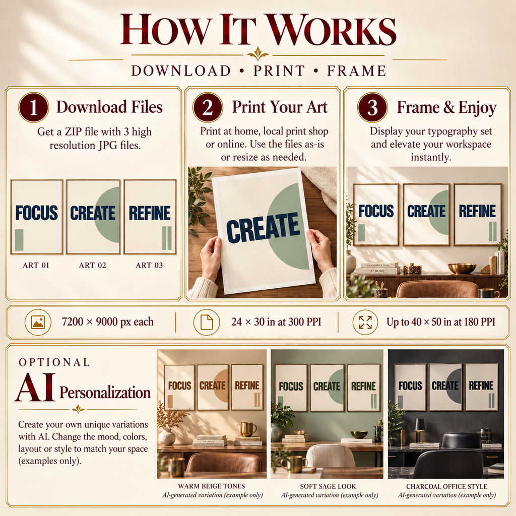 Focus Create Refine how it works image showing download, print and frame workflow plus optional AI personalization examples in warm beige, soft sage and charcoal office palettes.