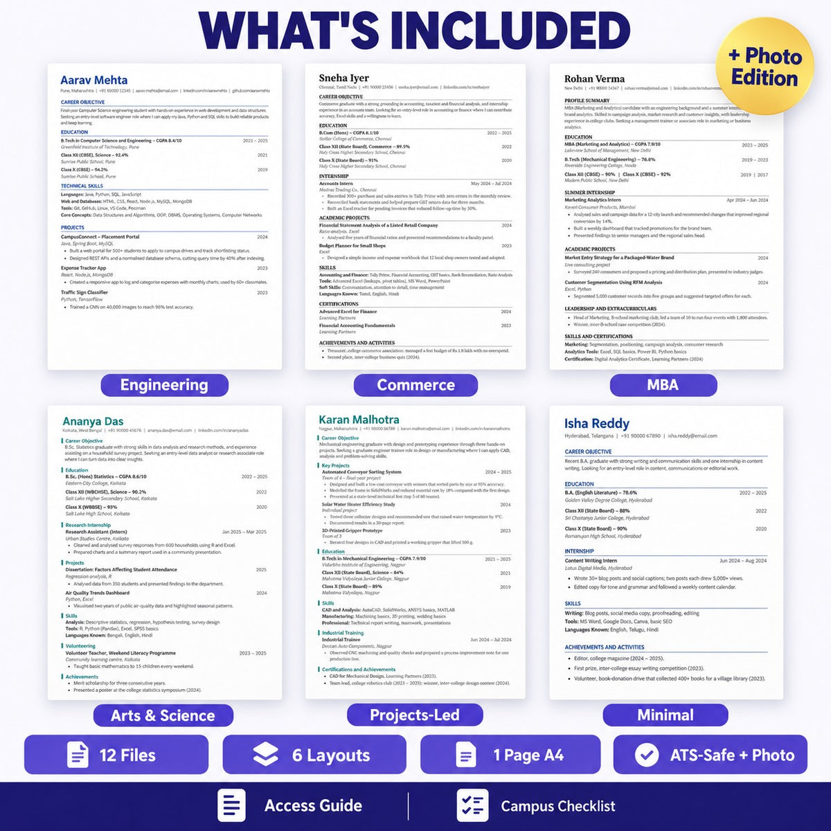 Fresher resume template bundle with six ATS-friendly layouts for engineering, commerce, MBA, arts, science and project-based resumes
