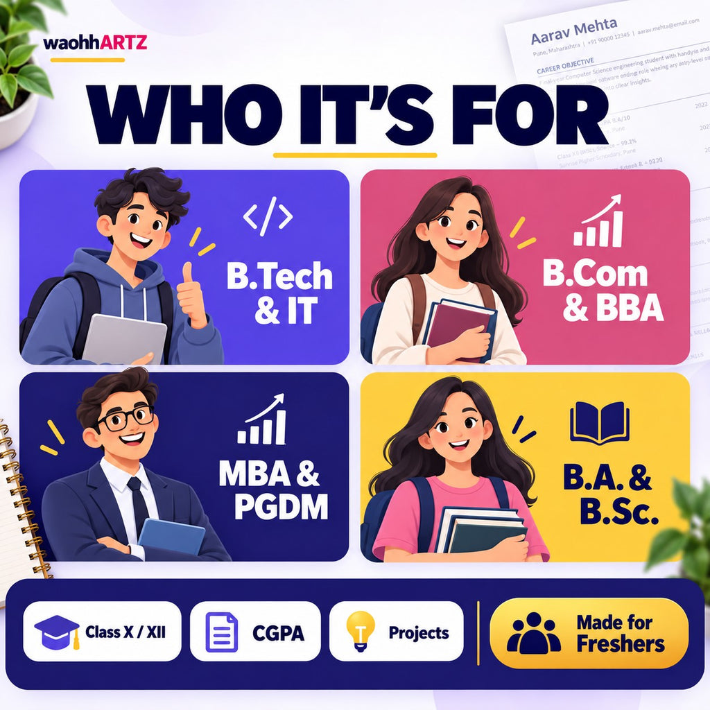 Fresher resume templates for BTech, IT, BCom, BBA, MBA, PGDM, BA and BSc students preparing for campus placements