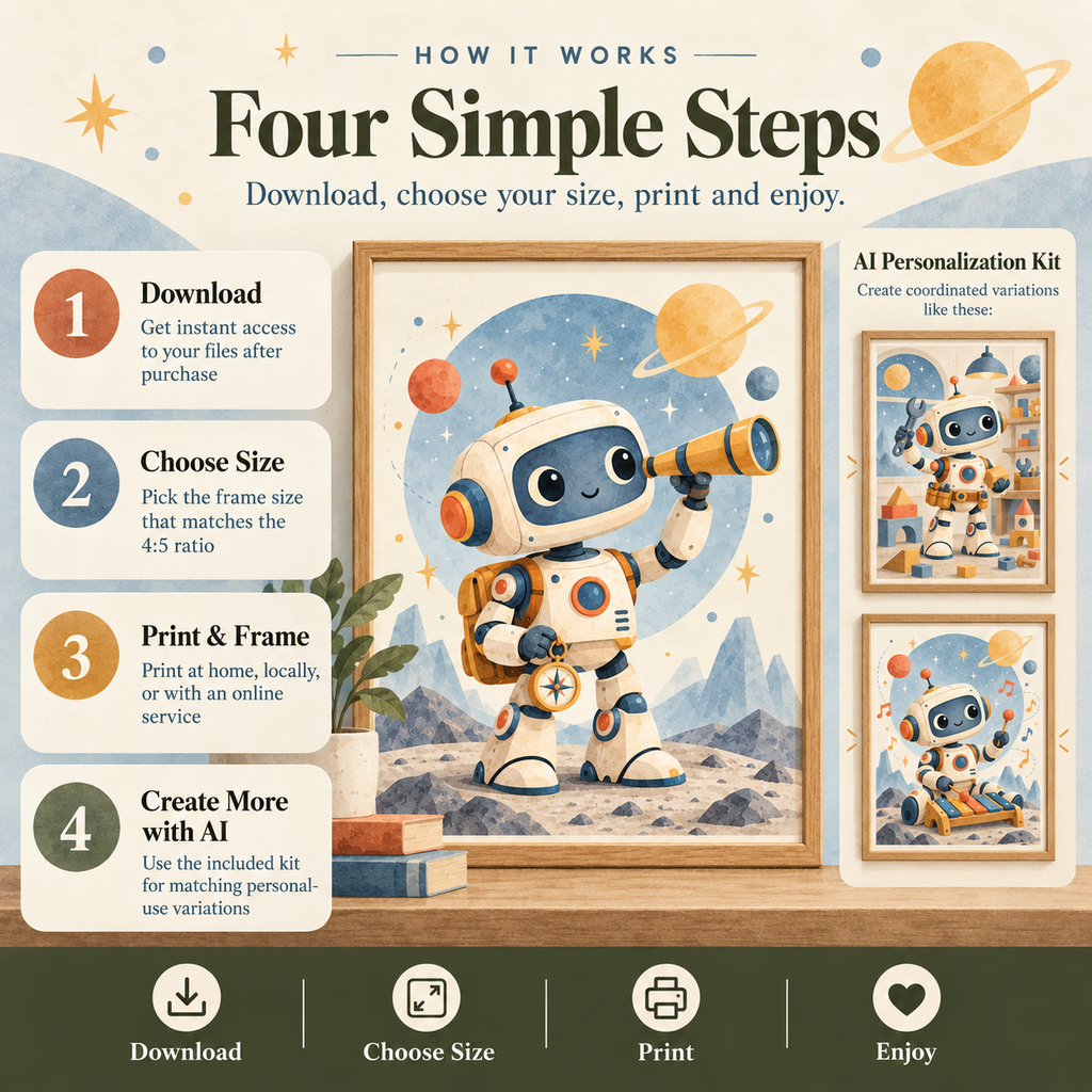 How to use robot kids room wall art: download, choose a compatible 4 to 5 print size, print and frame, and create matching variations with the AI kit