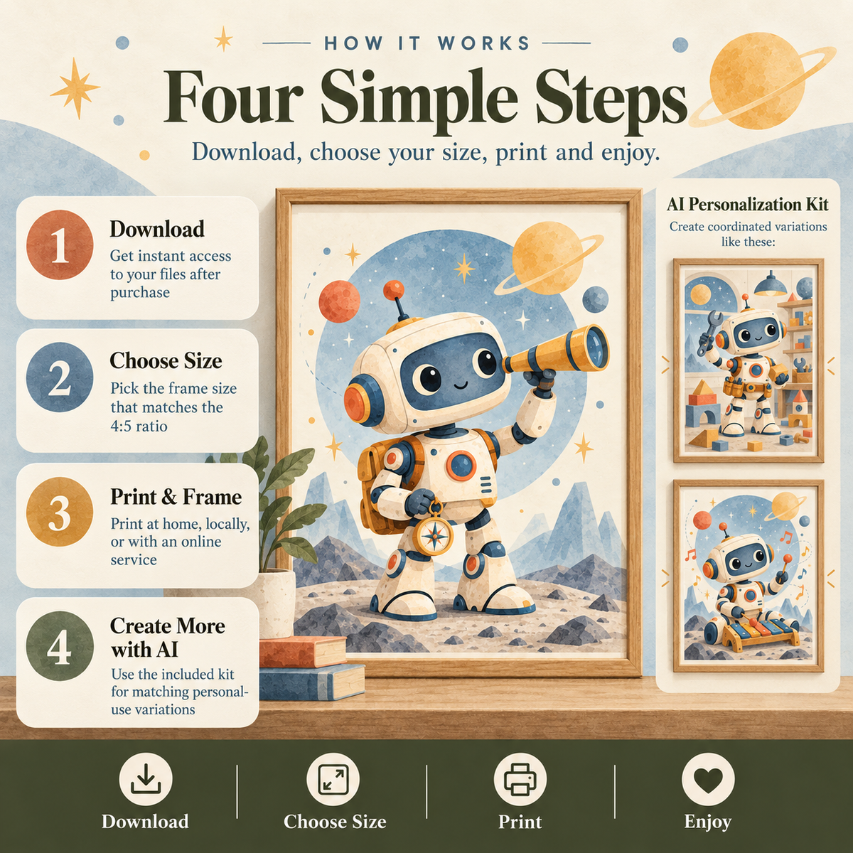 How to use robot kids room wall art: download, choose a compatible 4 to 5 print size, print and frame, and create matching variations with the AI kit