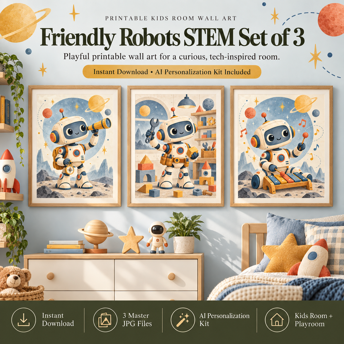 Robot kids room wall art set of 3 with explorer, builder and music robots in a friendly retro-futurist STEM style