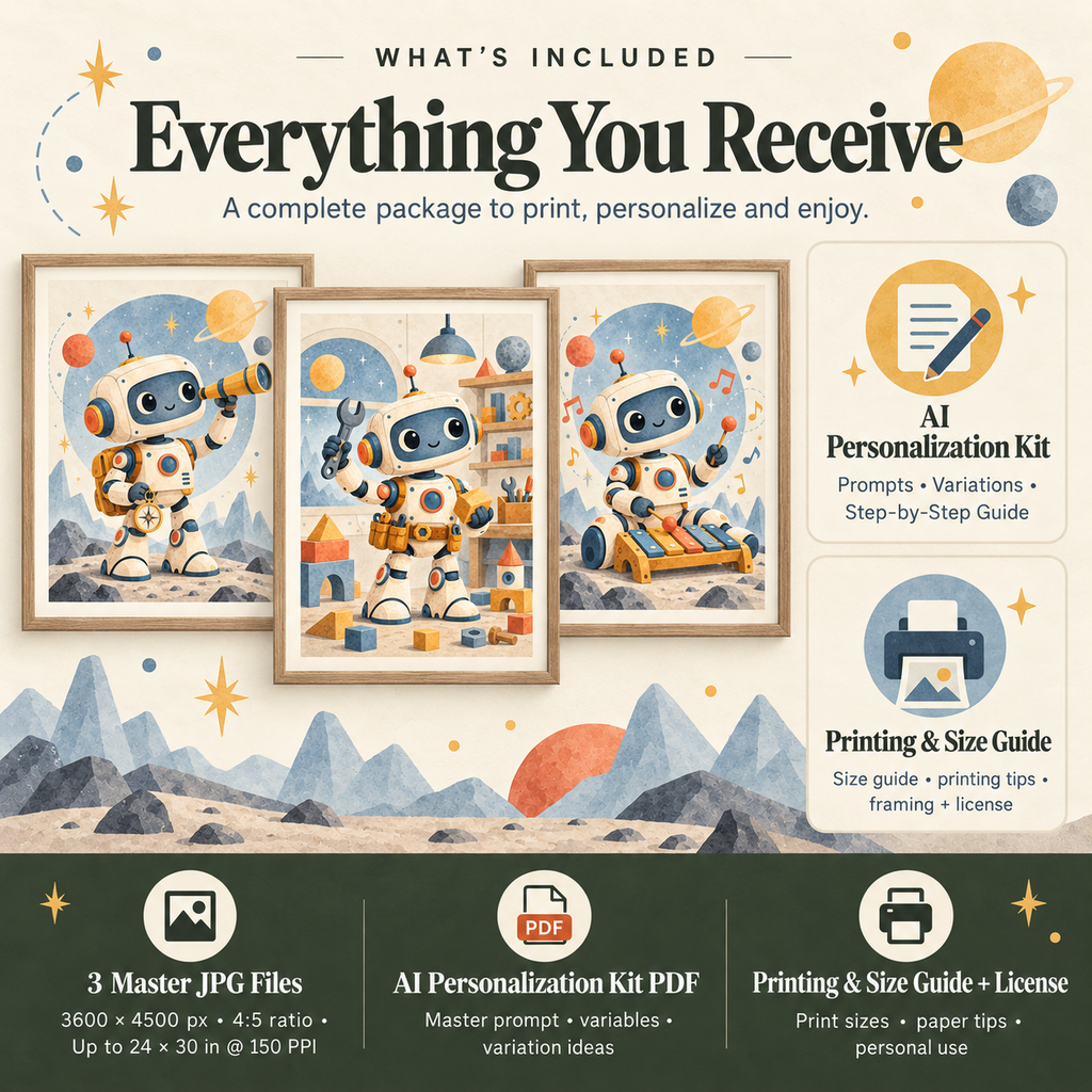 Robot kids room wall art download with three 3600 by 4500 px master JPGs, AI Personalized Kit, printing guide and personal-use license