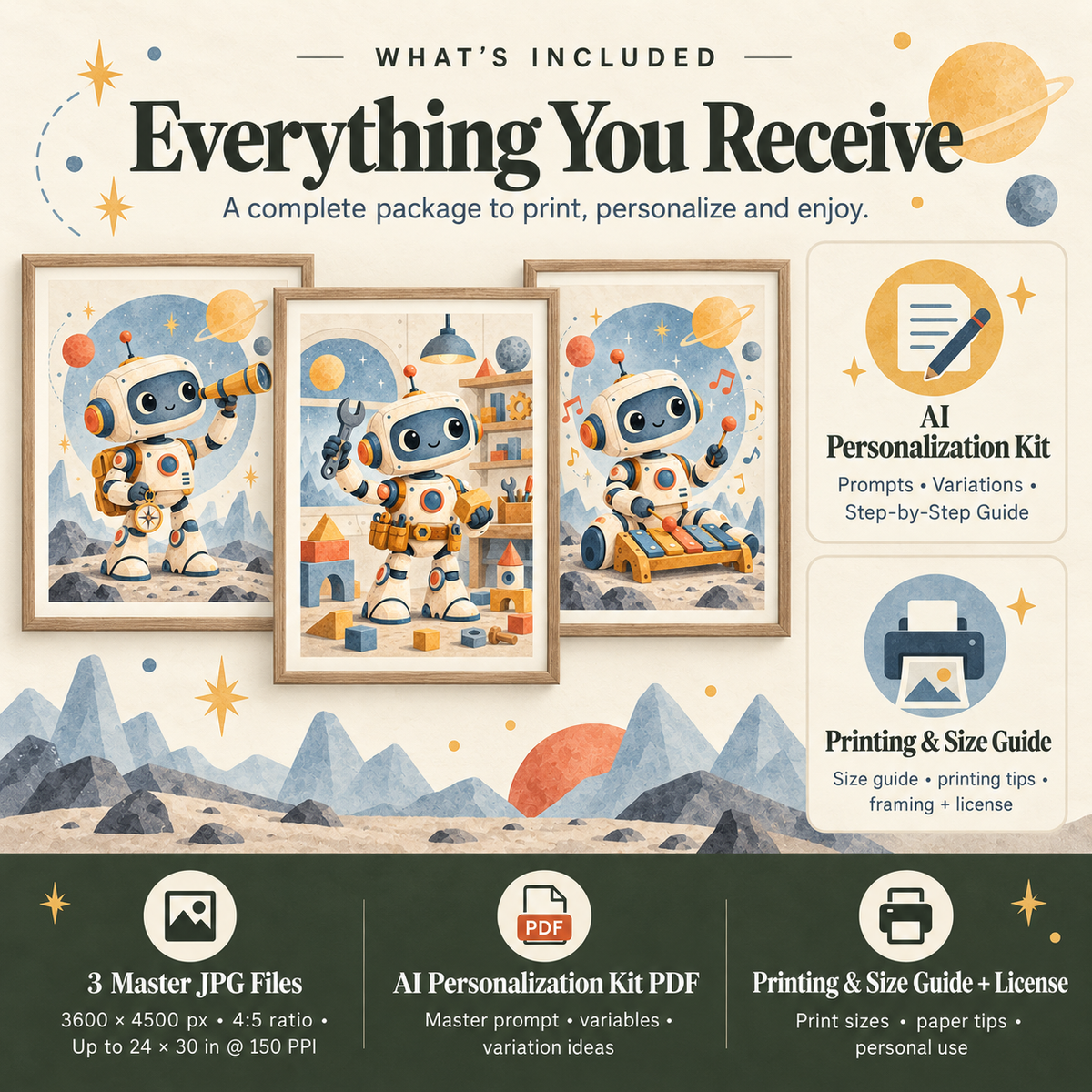 Robot kids room wall art download with three 3600 by 4500 px master JPGs, AI Personalized Kit, printing guide and personal-use license