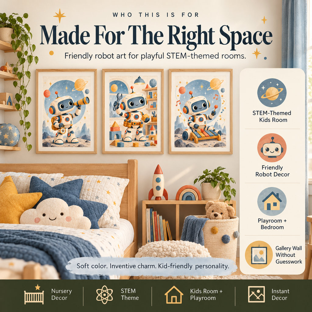 Robot nursery wall art for STEM themed kids rooms, playrooms and technology-inspired spaces