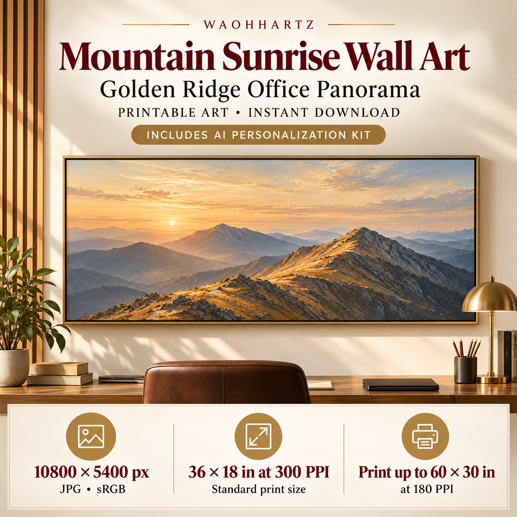 Mountain Sunrise Wall Art Golden Ridge Office Panorama with 10800 by 5400 pixels, 36 by 18 inches at 300 PPI and up to 60 by 30 inches at 180 PPI.