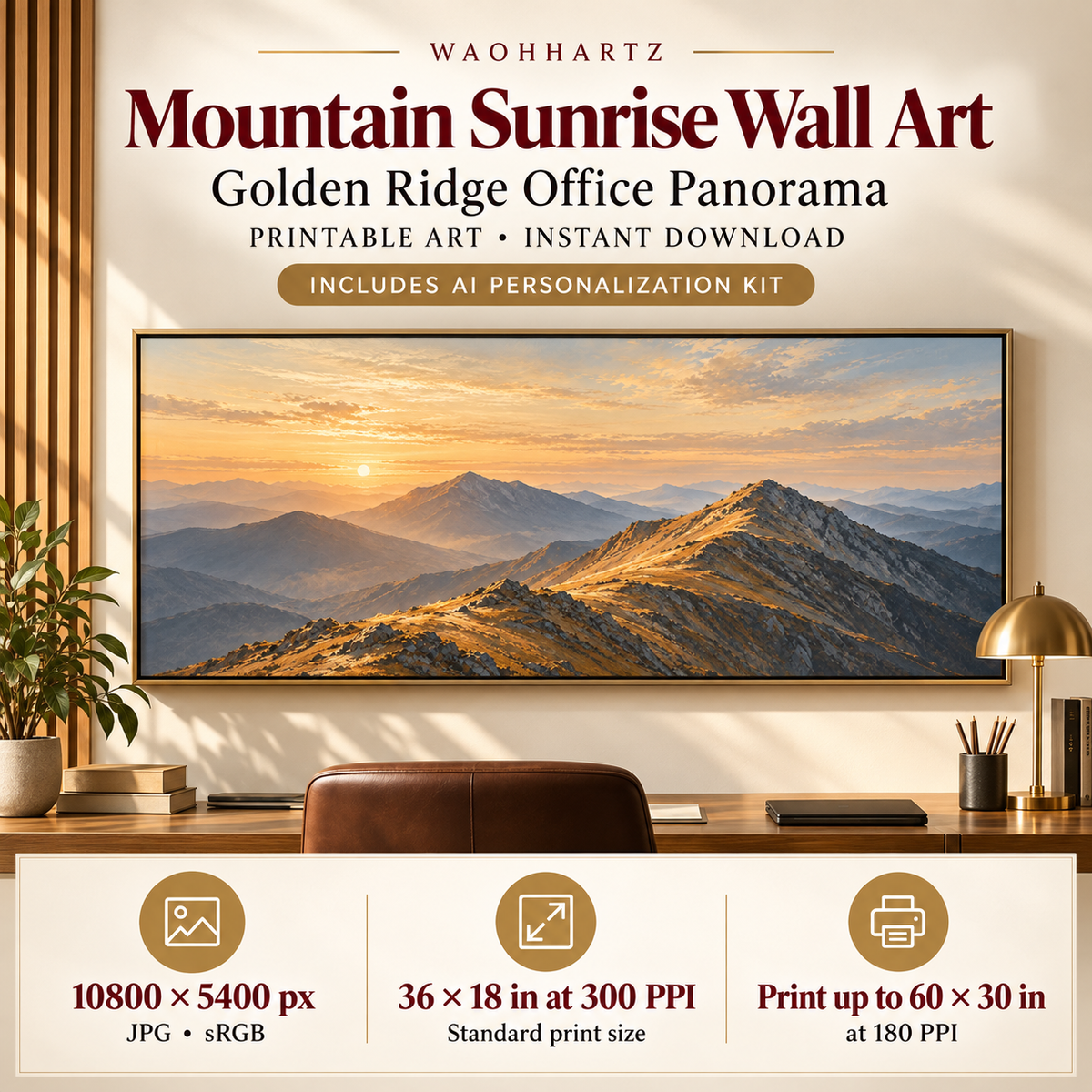 Mountain Sunrise Wall Art Golden Ridge Office Panorama with 10800 by 5400 pixels, 36 by 18 inches at 300 PPI and up to 60 by 30 inches at 180 PPI.