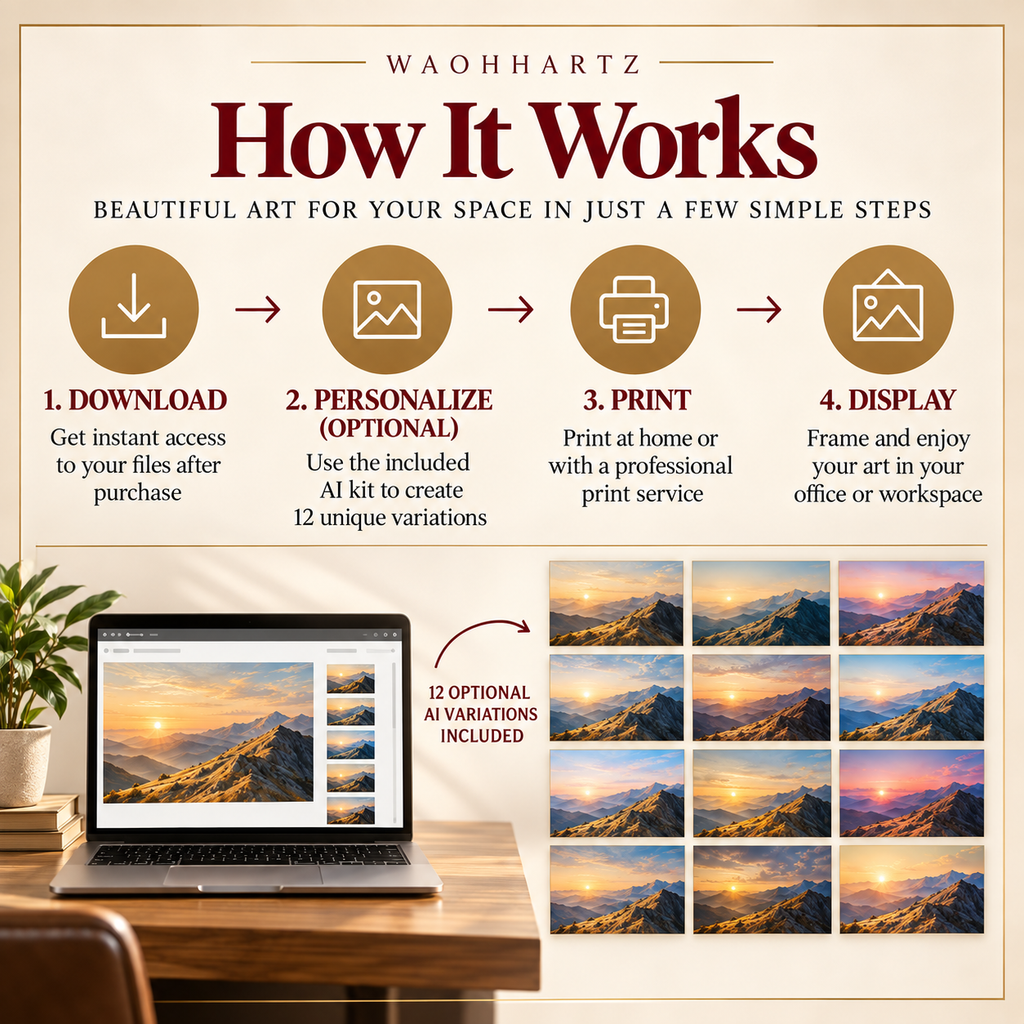 Golden Ridge Panorama how it works image showing download, optional AI personalization with 12 variations, print and display workflow.