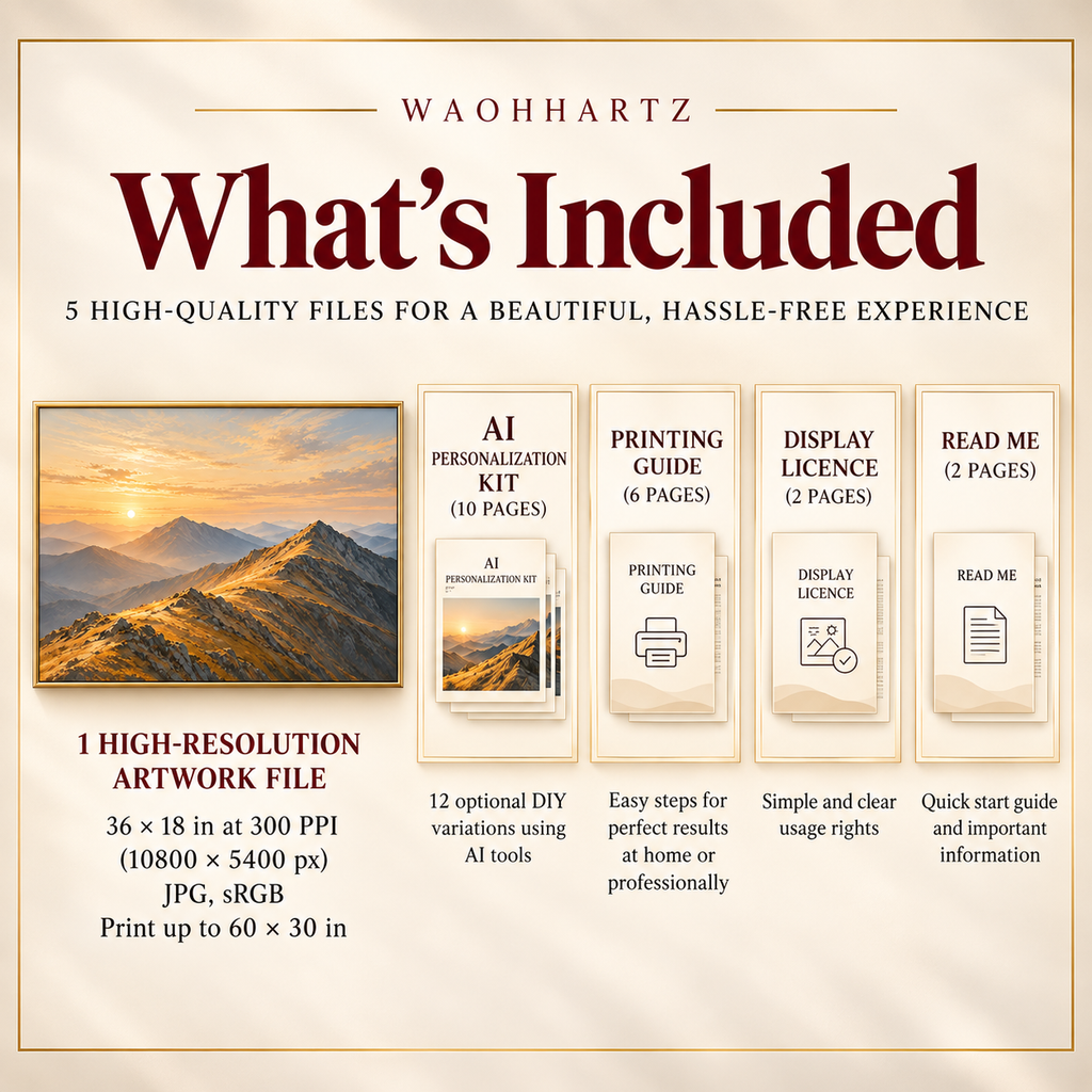 Golden Ridge Panorama digital download contents with one high-resolution artwork, AI personalization kit, printing guide, display licence and read me.