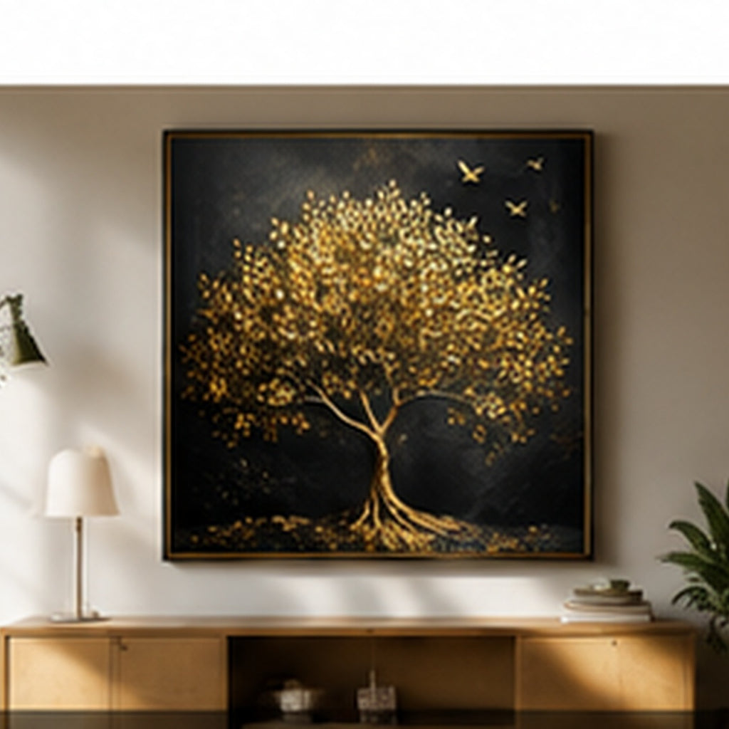 Golden Serenity framed wall art styled in an elegant neutral living room
