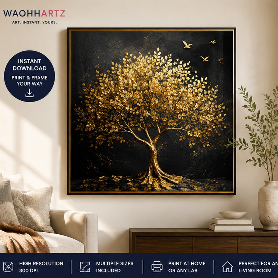 Golden Serenity digital wall art framed above a modern living room sofa