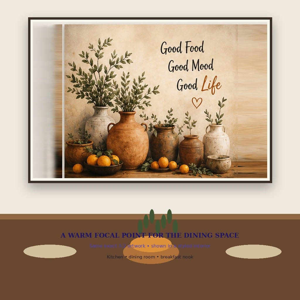 Good Food Good Mood Good Life exact wall art displayed above a dining table in a warm premium interior