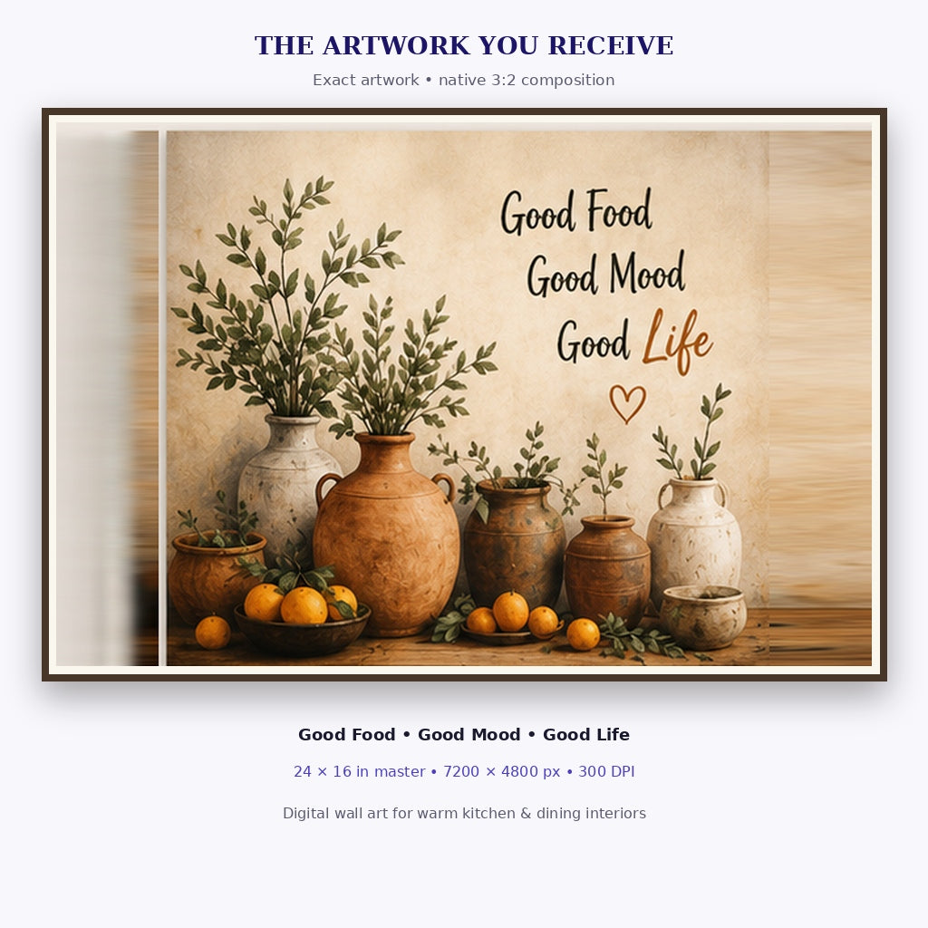 Exact Good Food Good Mood Good Life wall art in its complete 3:2 horizontal composition