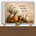Good Food Good Mood Good Life kitchen and dining wall art displayed in a warm premium dining interior