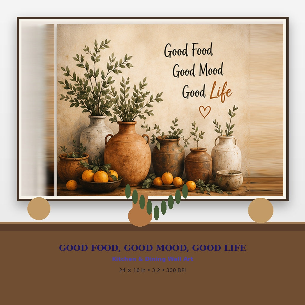Good Food Good Mood Good Life kitchen and dining wall art displayed in a warm premium dining interior
