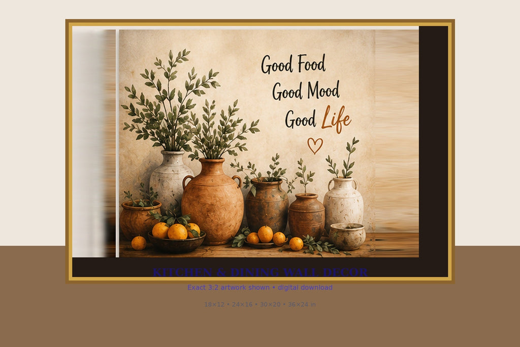 Good Food Good Mood Good Life exact artwork displayed as kitchen and dining wall decor in a 3:2 presentation