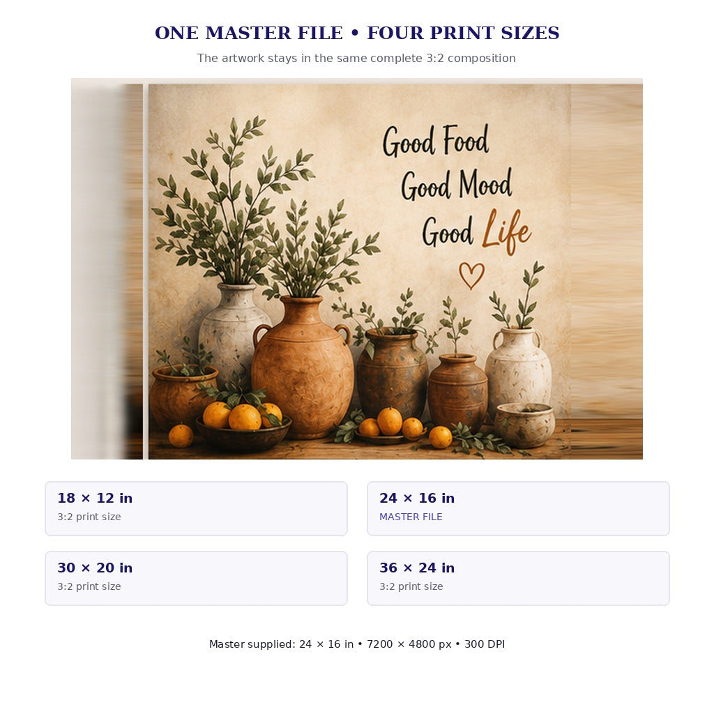 Good Food Good Mood Good Life wall art master and proportional 3:2 print size guide