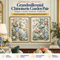 Grandmillennial Chinoiserie Garden Pair printable wall art set of 2 in an elegant traditional bedroom and living room setting