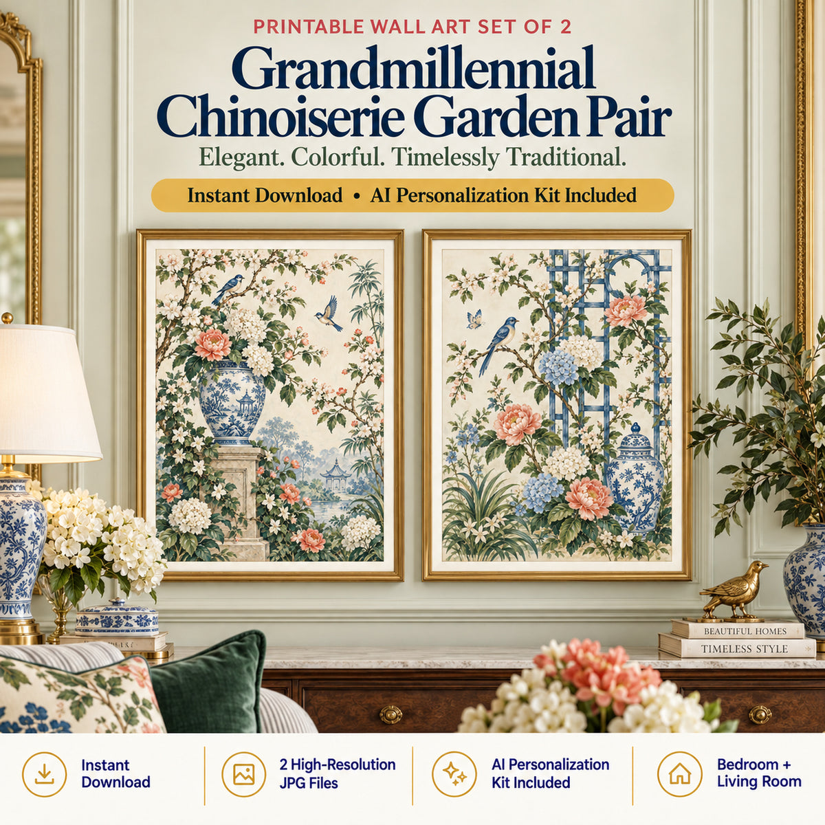 Grandmillennial Chinoiserie Garden Pair printable wall art set of 2 in an elegant traditional bedroom and living room setting