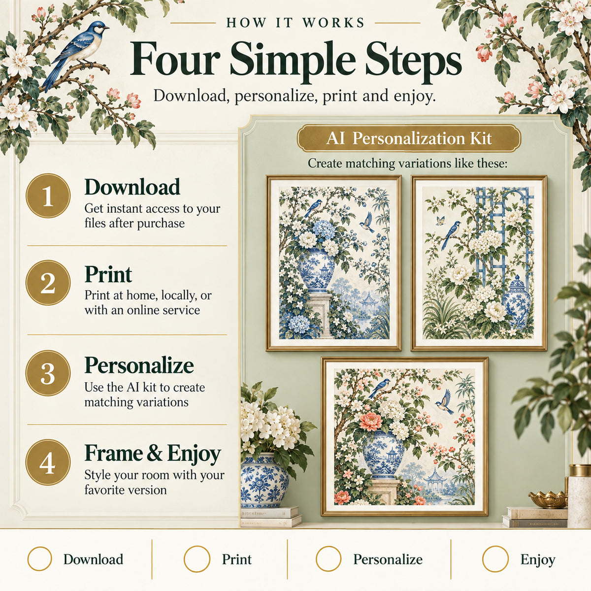 How to download, print, personalize, and frame Grandmillennial Chinoiserie Garden Pair with AI variation examples