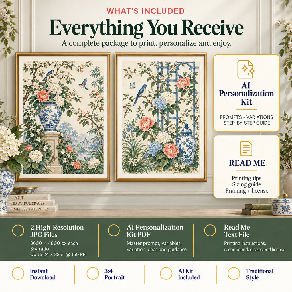 Grandmillennial Chinoiserie Garden Pair digital download package with 2 JPG wall art files, AI Personalization Kit PDF, and read me guide