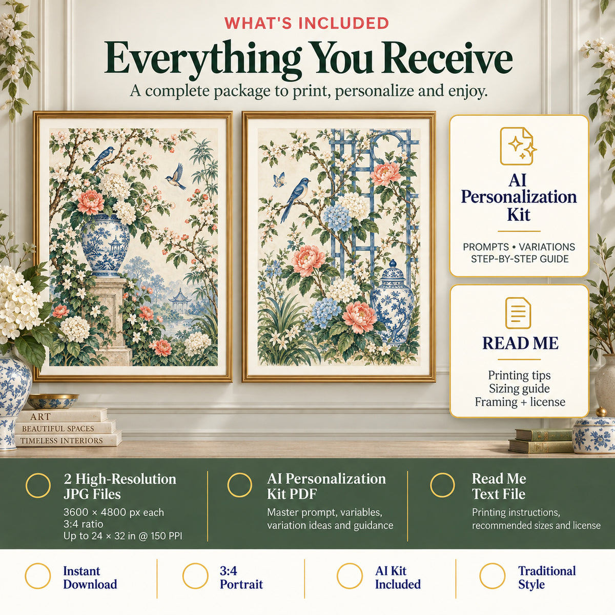 Grandmillennial Chinoiserie Garden Pair digital download package with 2 JPG wall art files, AI Personalization Kit PDF, and read me guide