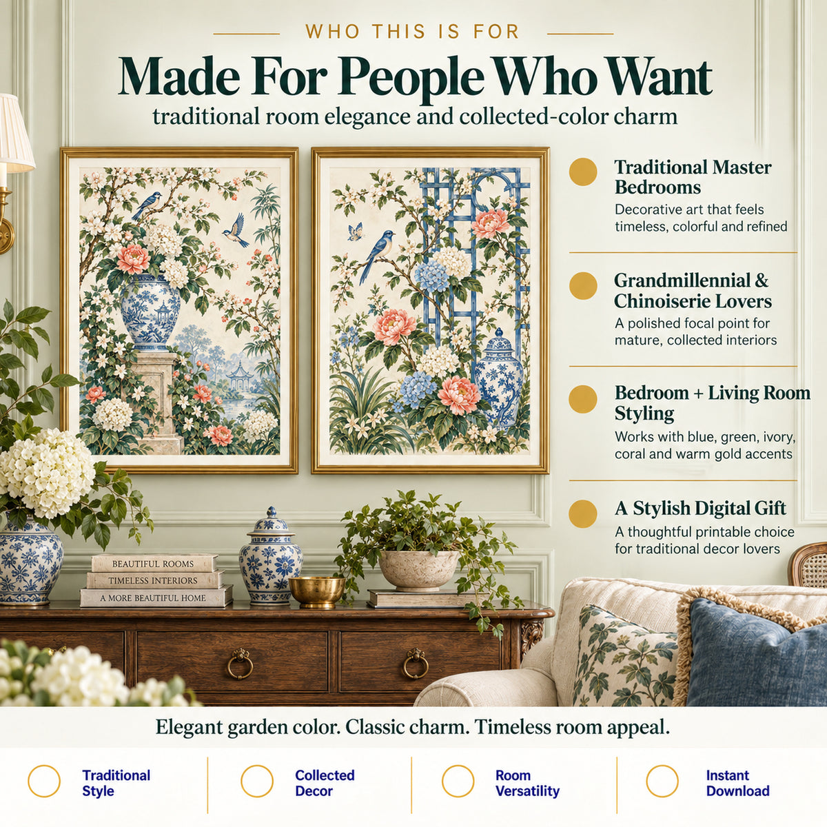 Grandmillennial chinoiserie wall art set for traditional bedrooms, living rooms, and mature decor lovers
