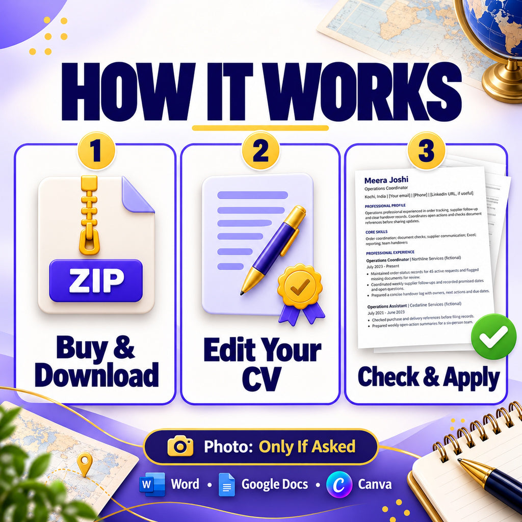 How to use the Gulf job CV pack: buy and download, edit your CV, check and apply; photo only if asked