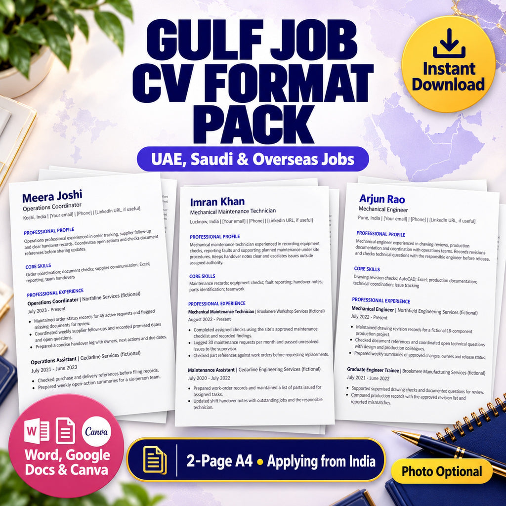Gulf job CV format template UAE Saudi India with two-page A4 Word, Google Docs and Canva options