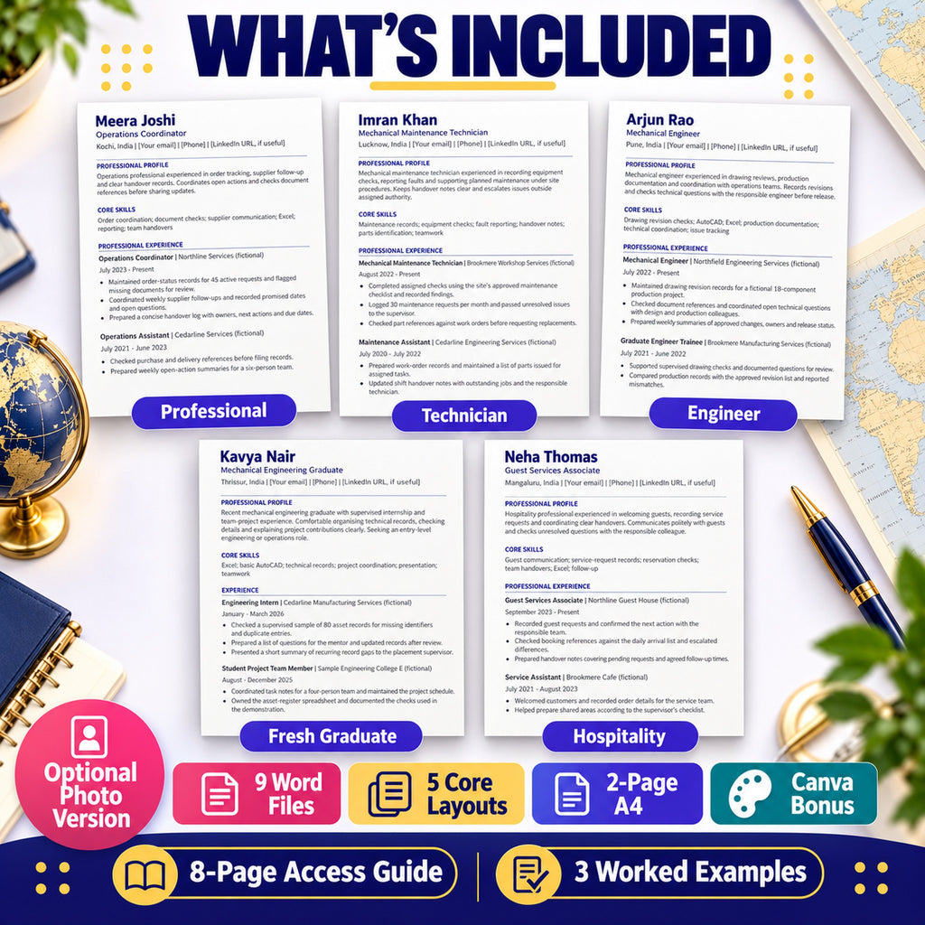 Gulf CV pack with five core layouts, nine Word files, three worked examples, optional photo version, Canva bonus and eight-page guide