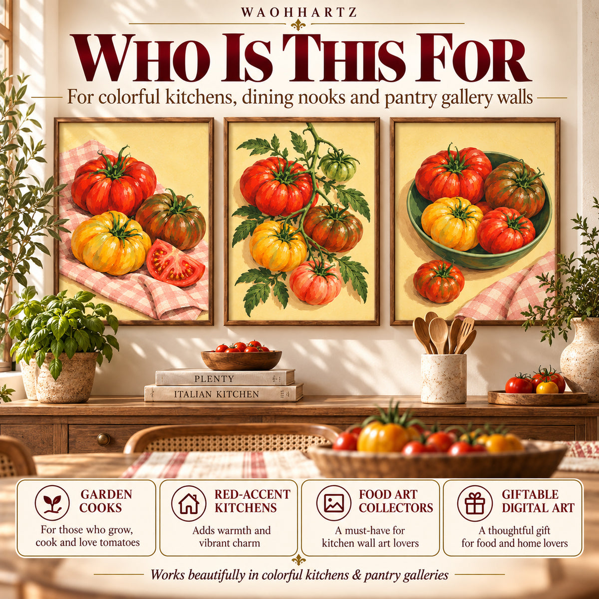 Heirloom Tomato Market styling ideas for a colourful kitchen, dining nook or pantry gallery, with coordinated printable artwork and digital-only purchase details.