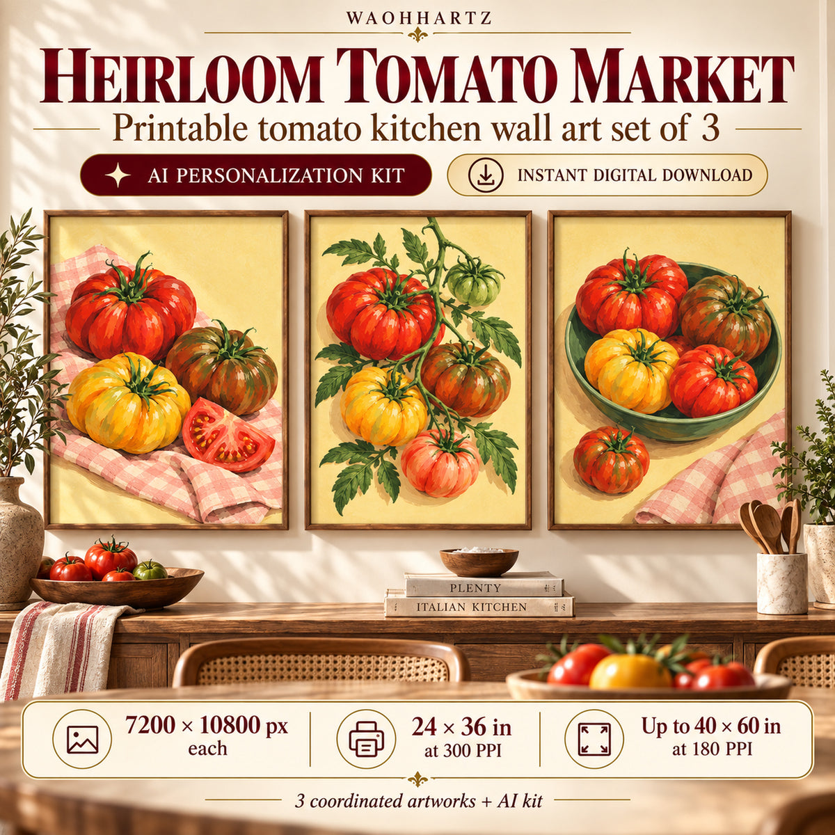Heirloom Tomato Market set of 3 printable artworks displayed in a colourful kitchen, dining nook or pantry gallery; 24 by 36 inches at 300 PPI, up to 40 by 60 inches at 180 PPI for farther viewing.
