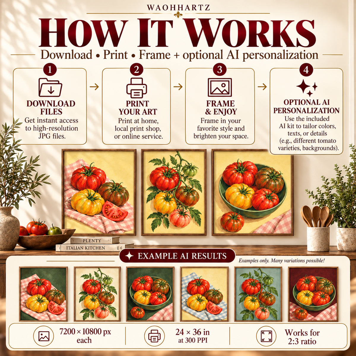 Heirloom Tomato Market workflow from ZIP download to printing and framing, with optional AI personalisation examples and the 2:3 print-size information.