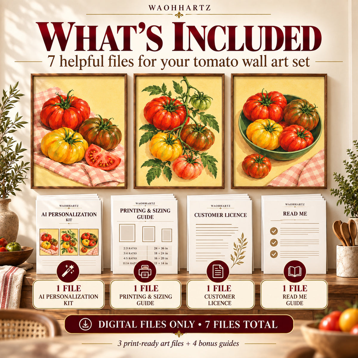Heirloom Tomato Market download contents showing 3 JPG artworks, a 12-prompt AI personalisation kit, printing guide, licence and readme.