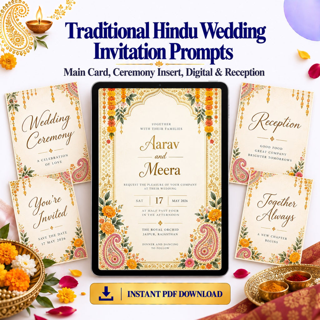 Traditional Hindu Wedding Invitation Prompt Pack | Main Card + Ceremony + Digital + Reception | Instant Download PDF