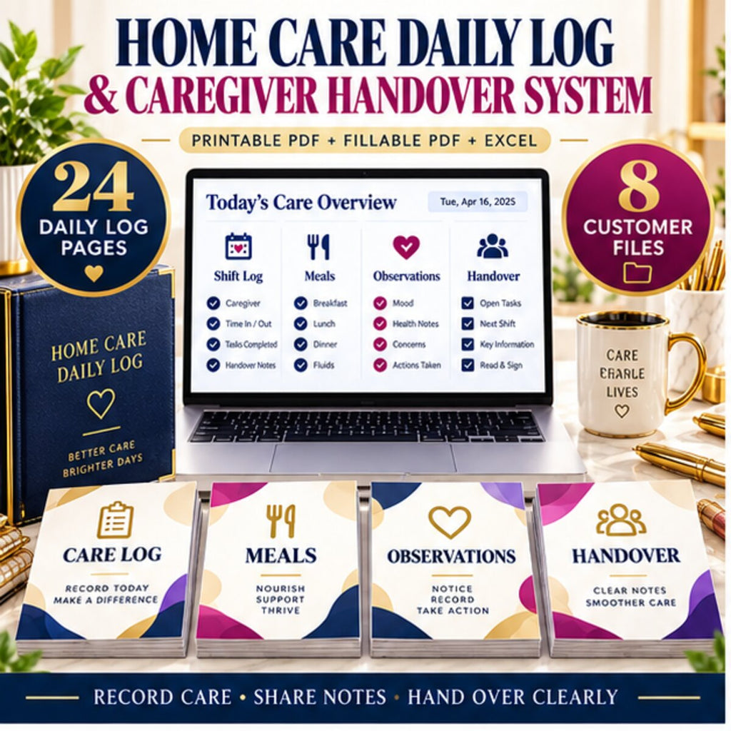Home Care Daily Log and Caregiver Handover System printable PDF fillable PDF and Excel tracker