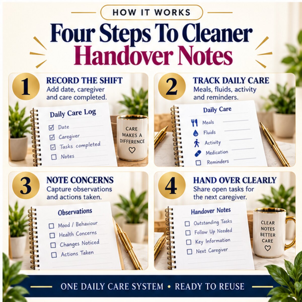 How the home care daily log and caregiver handover system works record the shift track daily care note concerns and hand over clearly