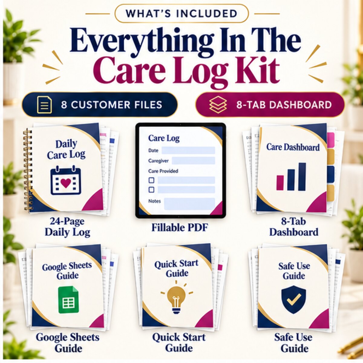 What is included in the Home Care Daily Log and Caregiver Handover System with 8 customer files and 8 tab dashboard