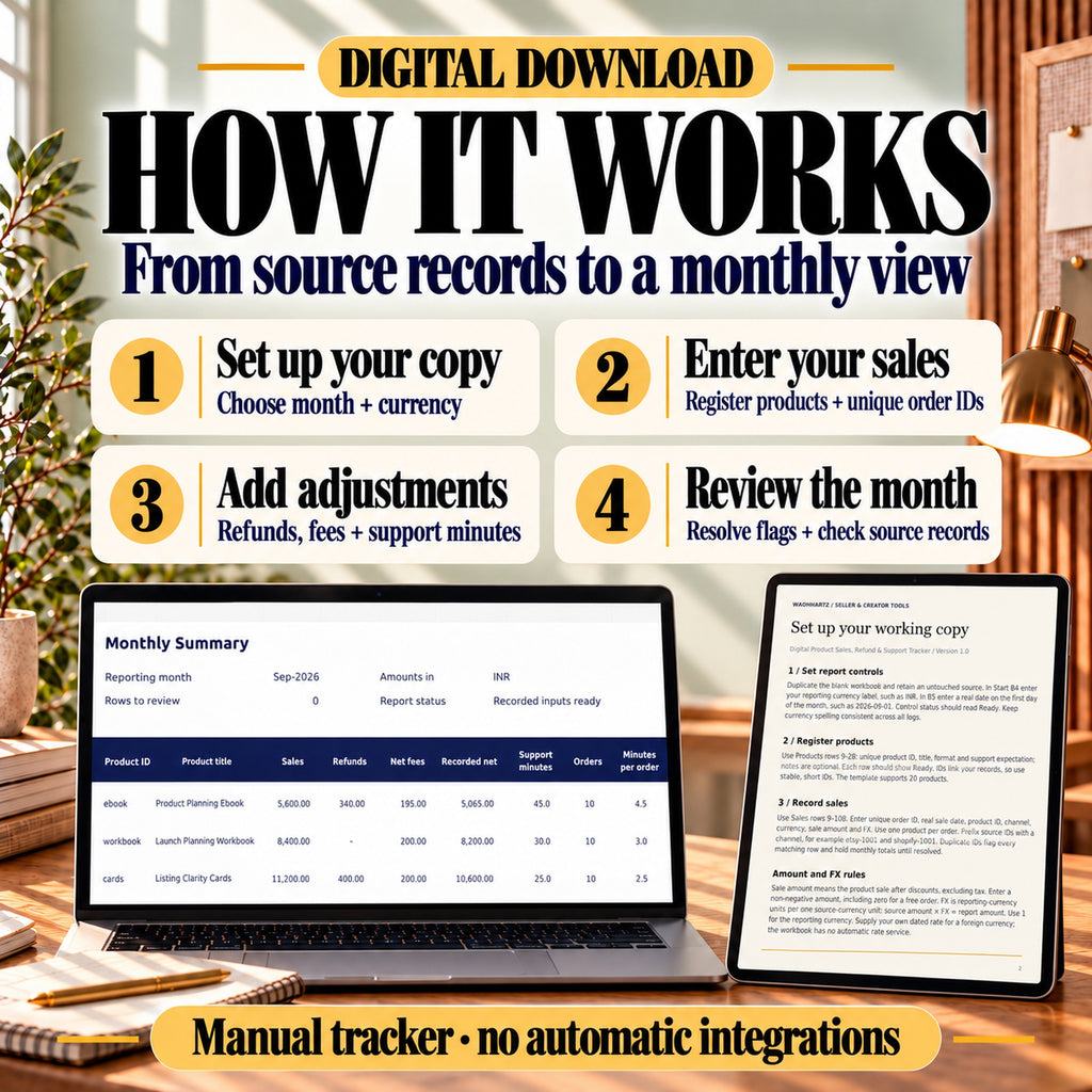 Four-step workflow for setting up the sales tracker, recording orders, adding refunds and fees, and reviewing monthly product totals.