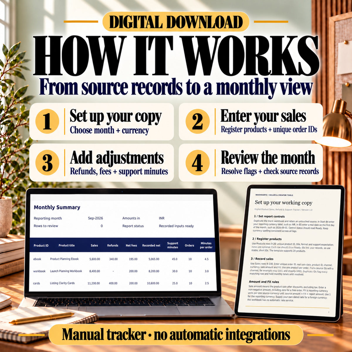Four-step workflow for setting up the sales tracker, recording orders, adding refunds and fees, and reviewing monthly product totals.